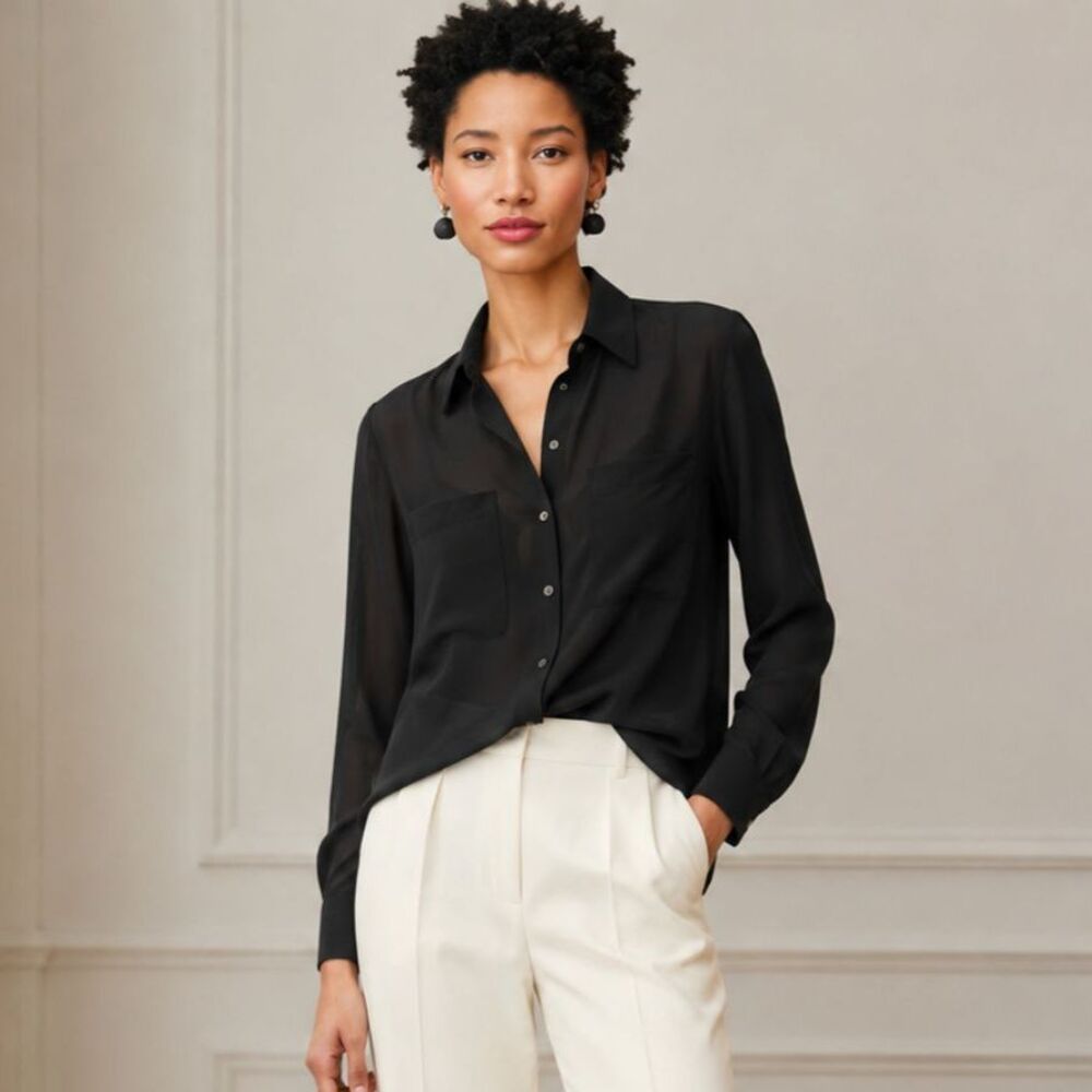 J.Crew Silk Black Blouse Women’s Size 2 Button Front Shirt Long Sleeve